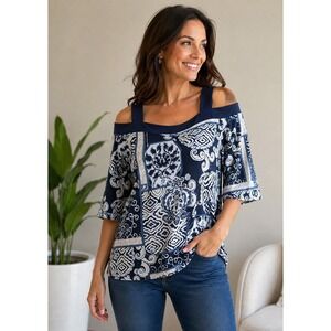 JM Collection M Navy Blue White Patterned Cold Shoulder Blouse Shark Bite Hem